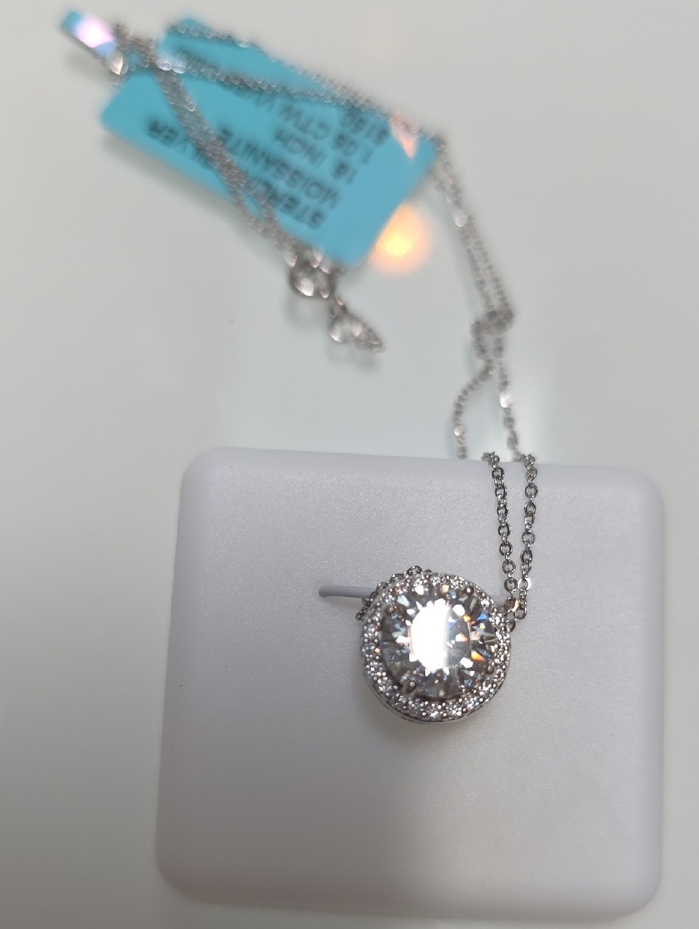 Sterling Silver Moissanite Halo Pendant Necklace with White Center Stone